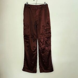 Newport News brown 100% silk straight leg trouser pants neutral contemporary 6